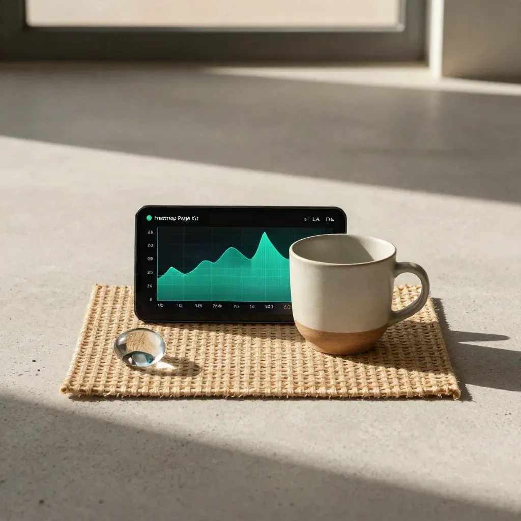 Overhead flatlay of a heatmap analytics panel with cup, glass pebble, and woven mat.