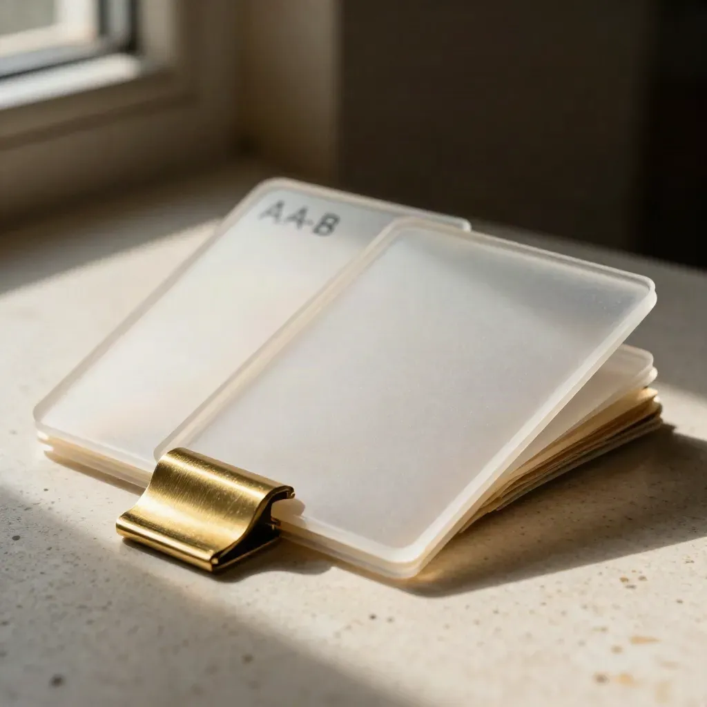 Macro of overlapping translucent A/B test cards with brass clip on travertine.
