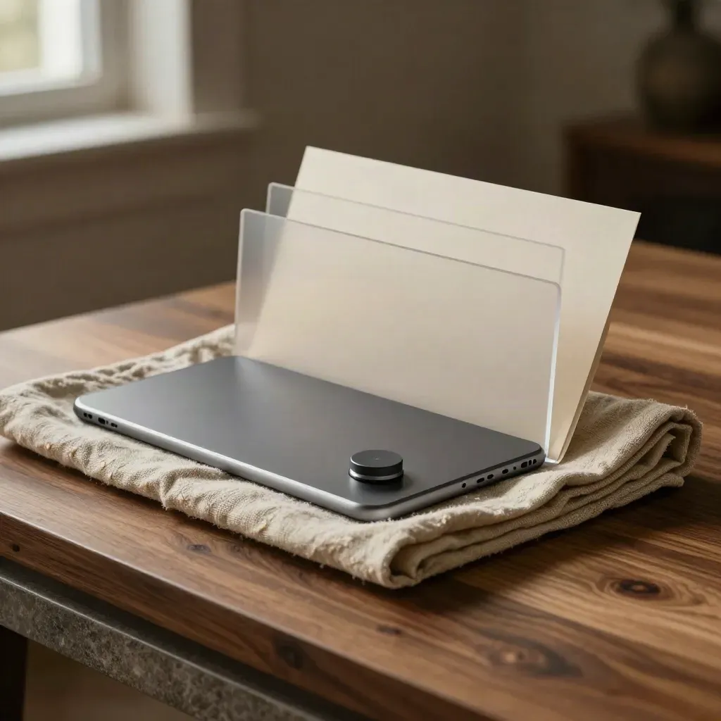 Tablet audit kit half-buried in linen with frosted acrylic edges and a small puck