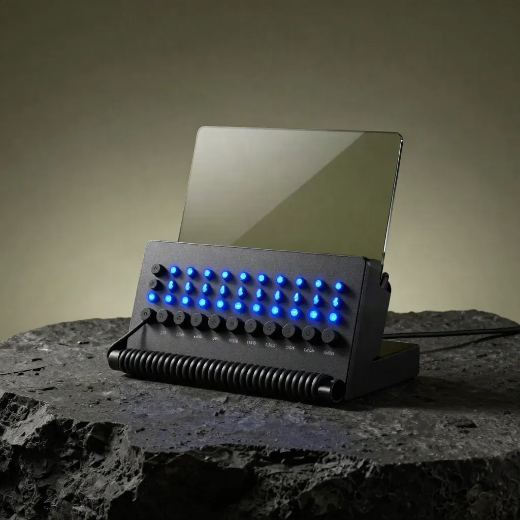 Compact analytics monitor with glowing event tokens and coiled cord on a dark studio slab.