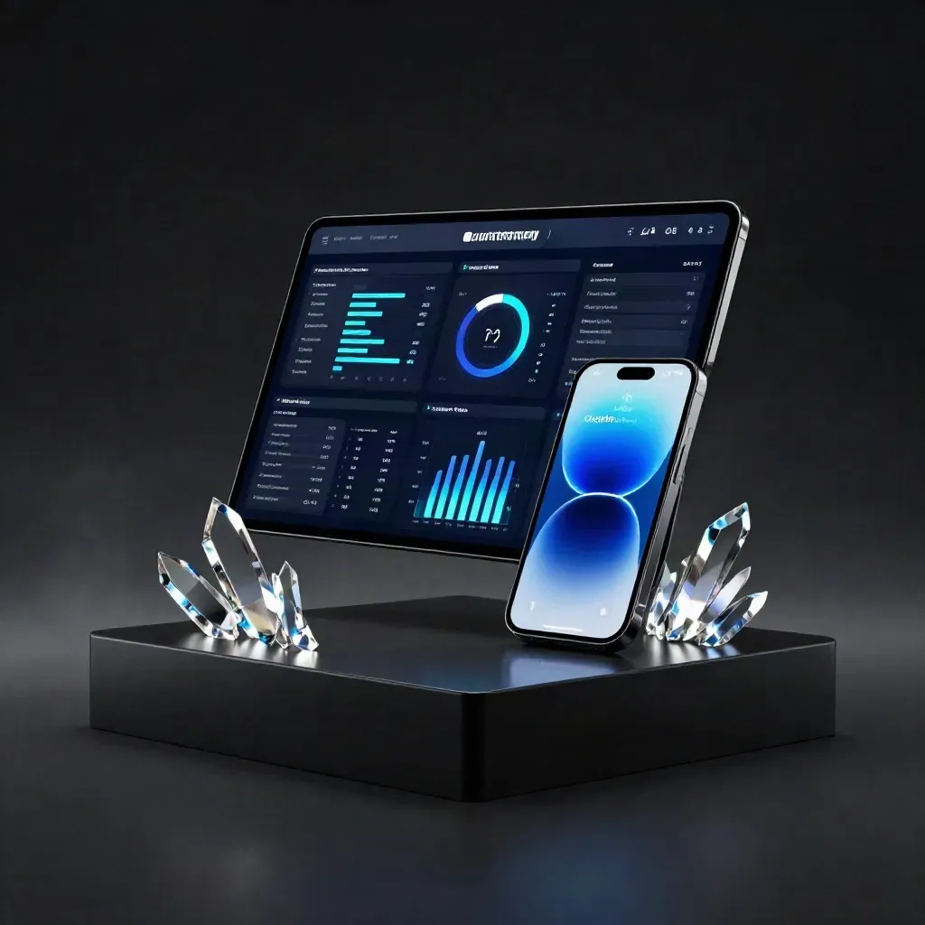 Blue-lit analytics dashboard and phone with glowing shards on a matte-black studio surface.