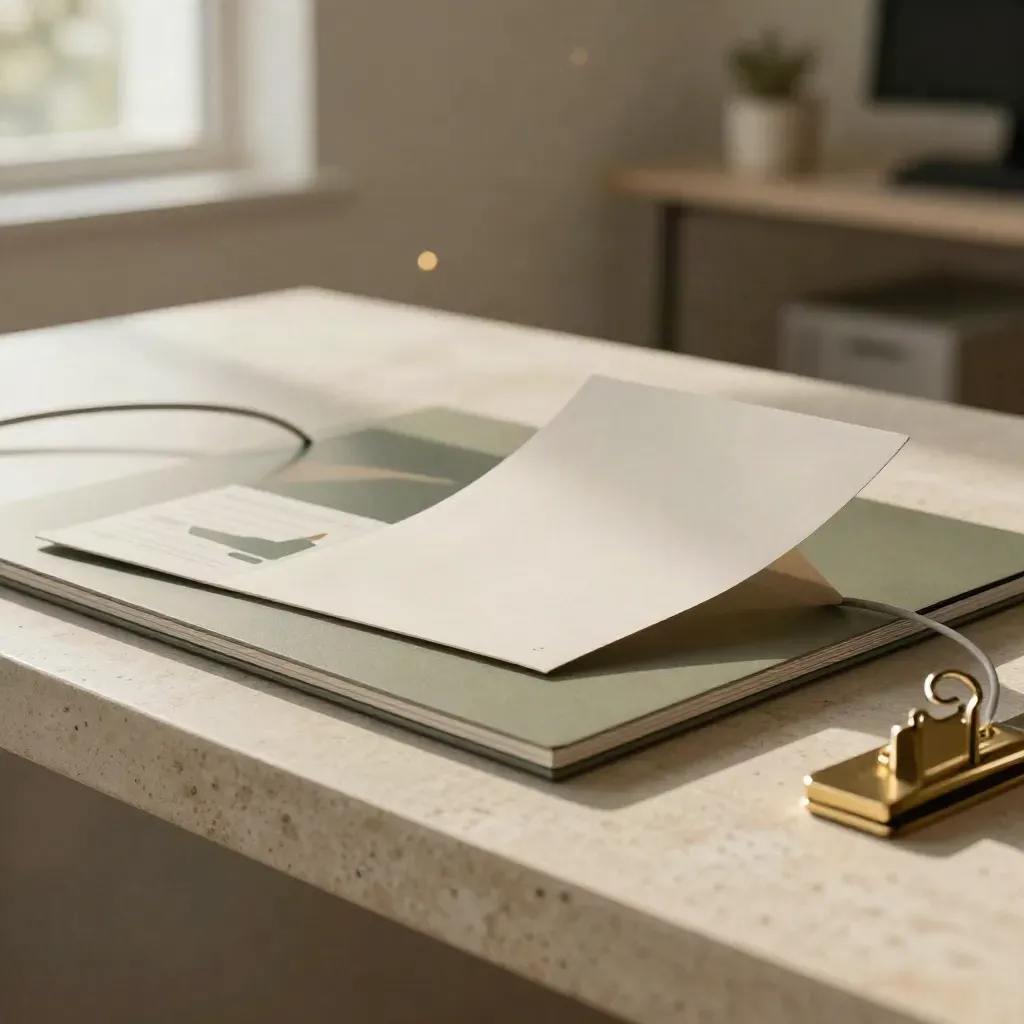 Matte analytics screen slabs, folded card, cable and brass clip on pale stone in warm light.