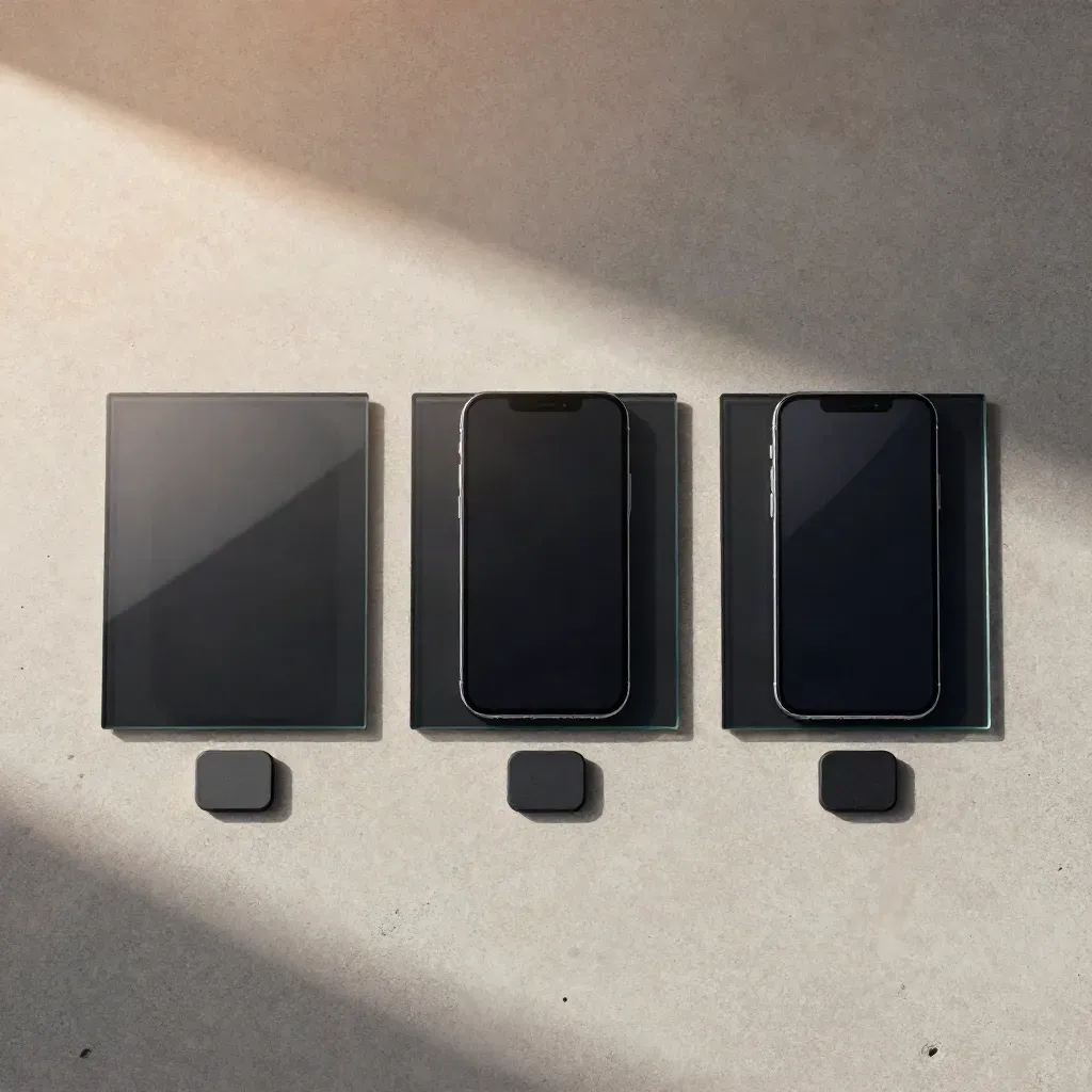 Overhead flatlay of black glass checkout flow panels, a phone, and a dock token on pale concrete.