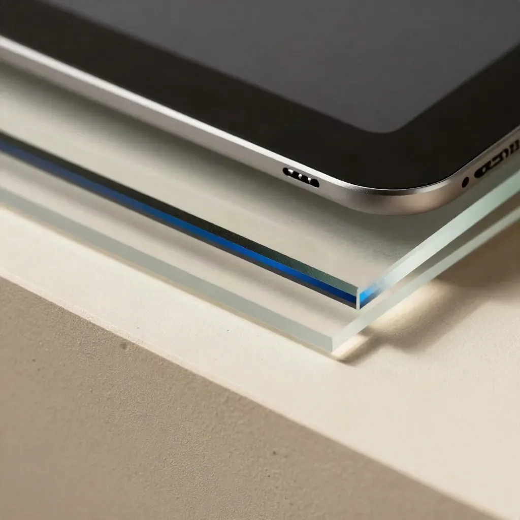 Frosted acrylic analytics report layers with a tablet corner and electric-blue reflections.
