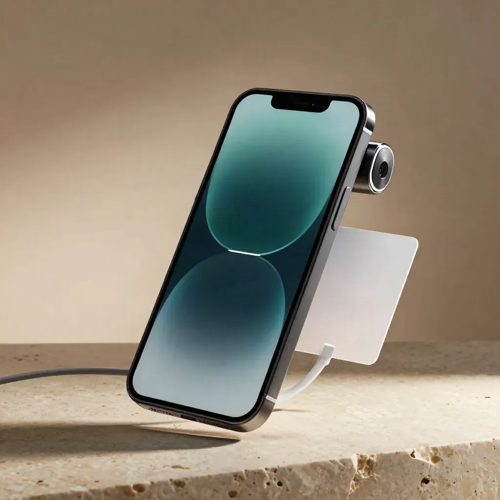 Graphite smartphone, companion screen, and charging puck on warm stone with soft teal glow