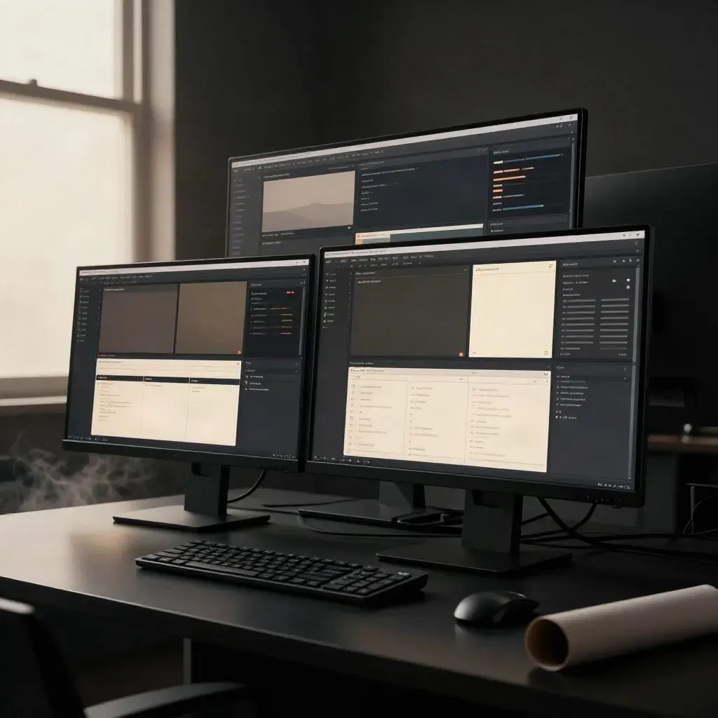 Two stacked dashboard monitors with a dock and rolled tube on a dark studio surface.