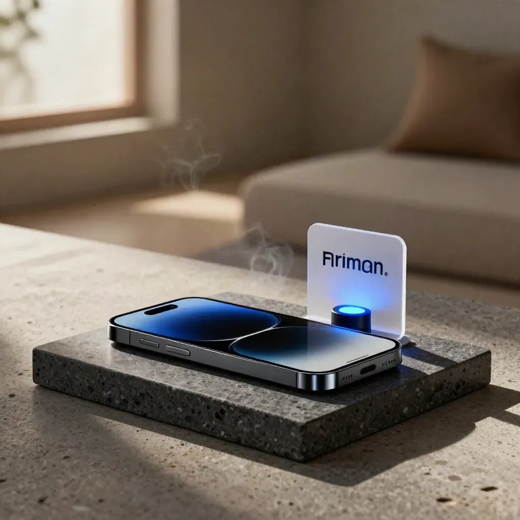 Glowing alert-phone cluster with beacon puck on charcoal stone, lit by soft blue pulses and haze