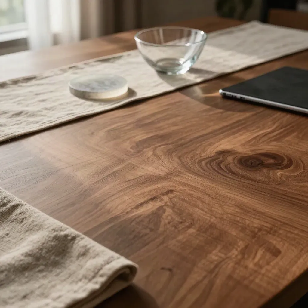 Walnut tabletop with linen runner, stone coaster and blurred glass bowl in soft raking light.