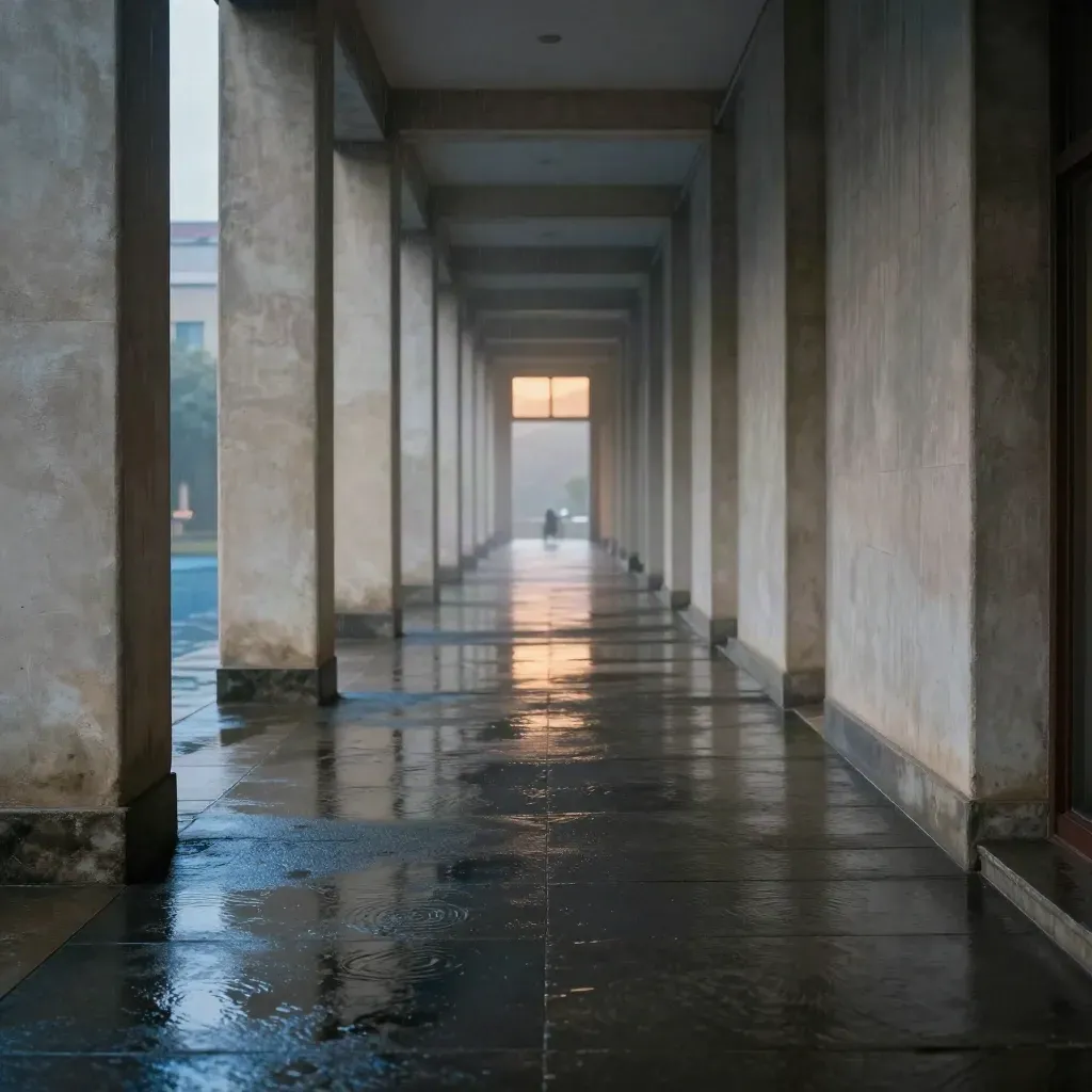 Rain-slick concrete arcade with glowing wet floor, columns, mist, and a distant reflective pool.