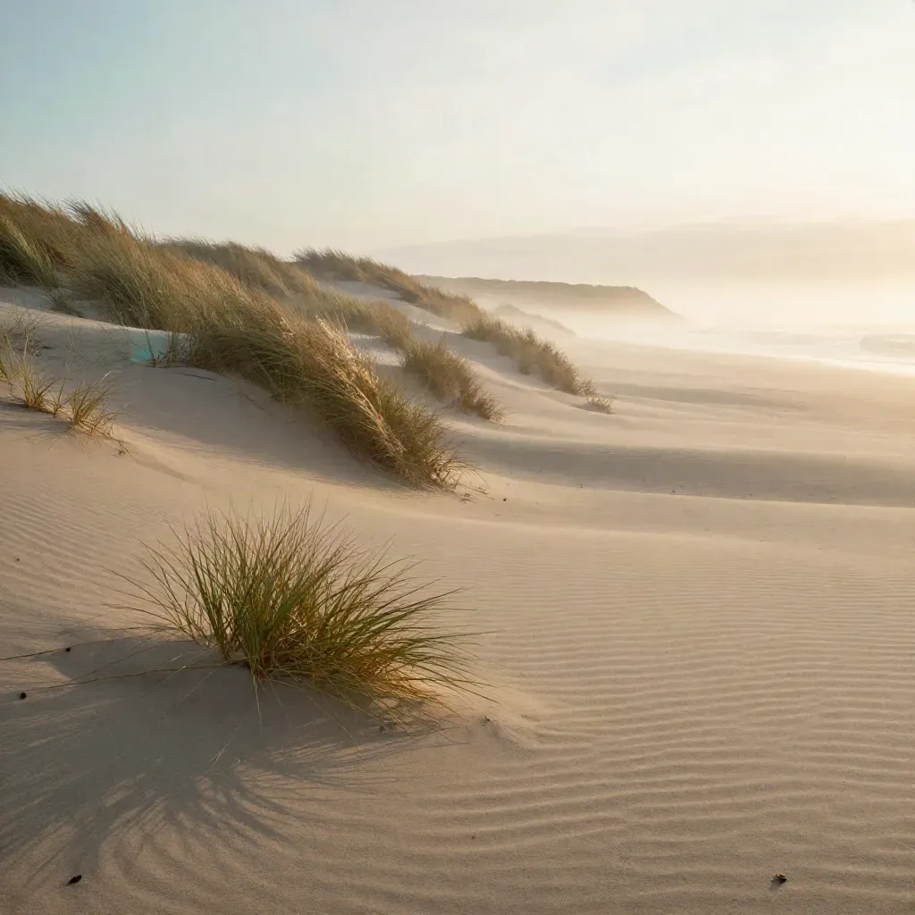 Foggy dune ridge at sunrise with tufted grass and open misty sky