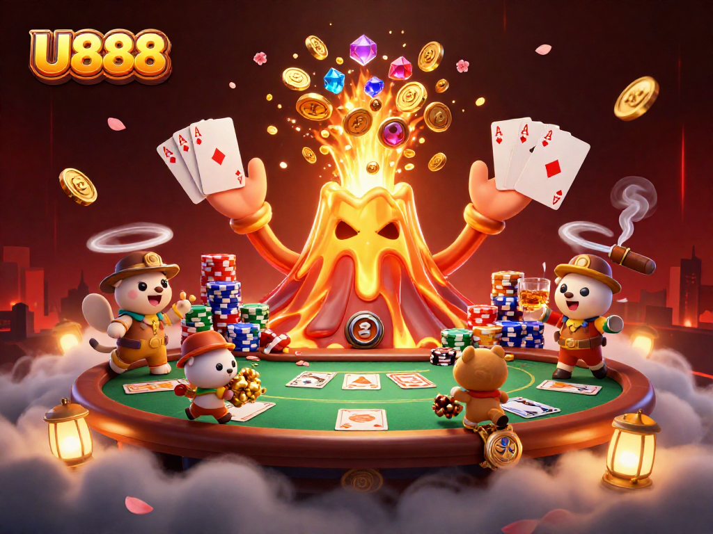Win treasures with U888's vibrant gaming scene filled with a golden volcano and treasure-chasing animals.