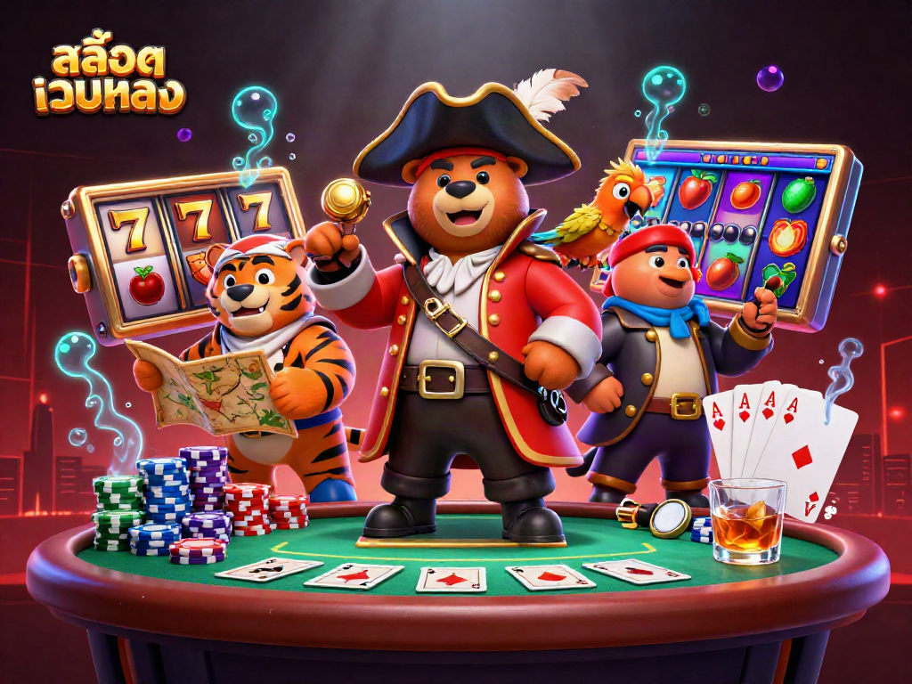 Engage with สล็อตเว็บตรง for jackpot wins in an exciting 3D casino scene featuring vibrant characters.