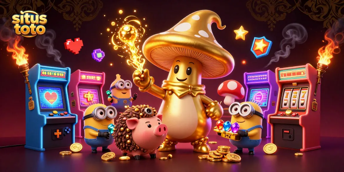 Experience the magic of situs toto with a golden mushroom wizard and treasure-hunting companions.