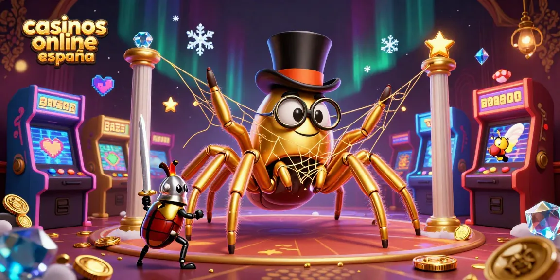 Trucos en casinos online España: ilustración de araña dorada y caballero en un casino vibrante.
