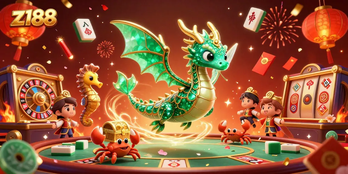 Engage with z188 in a vibrant casino scene featuring a mythical sea dragon and treasure elements.