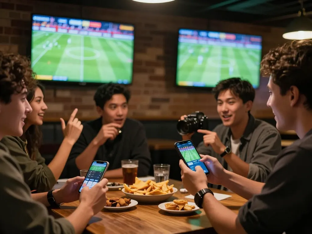 Engaged sports bettor using kèo nhà cái app on smartphone during live match at sports bar