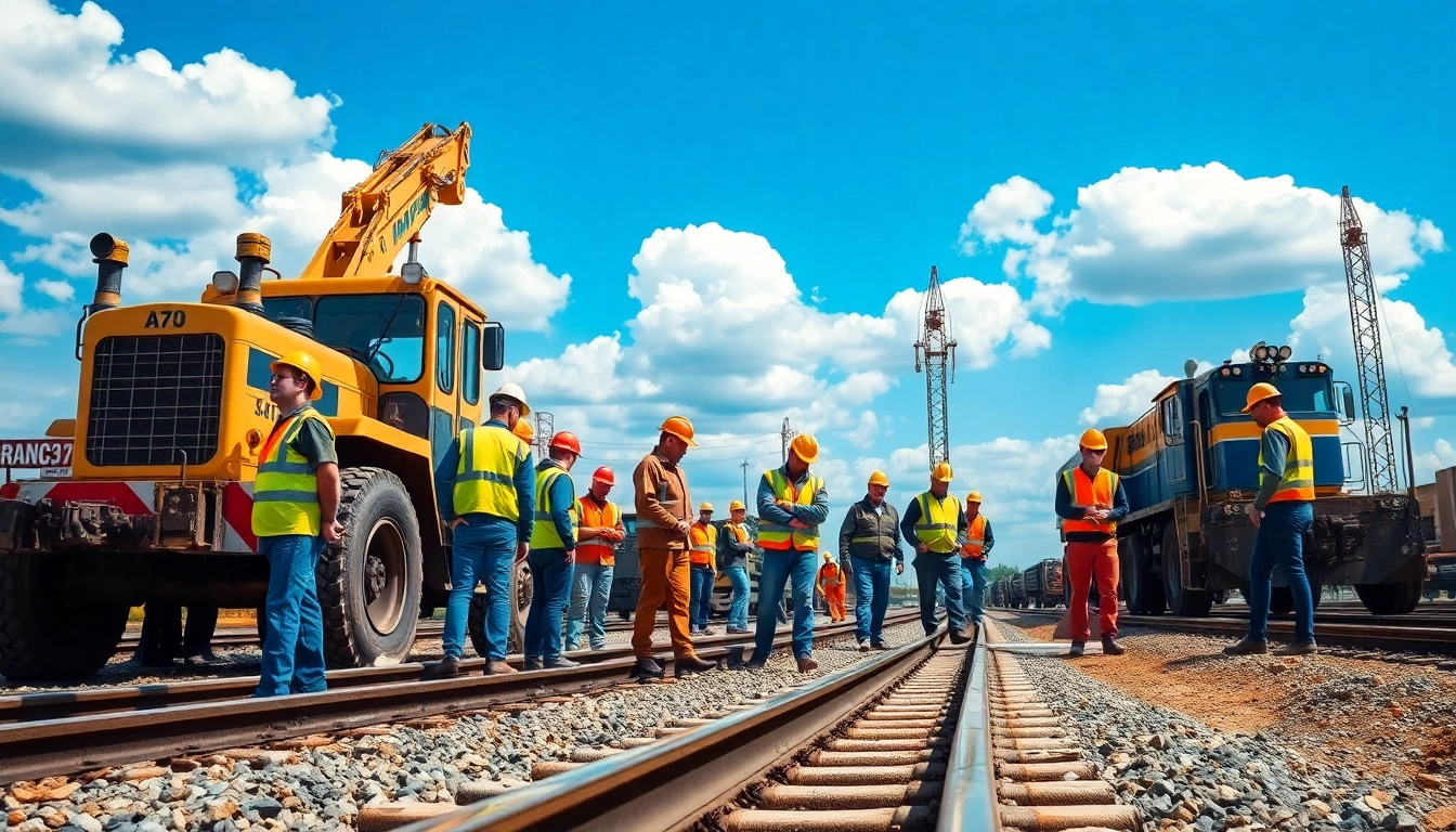 Railroad Track Construction Company workers collaborating on track installation at a bright construction site.