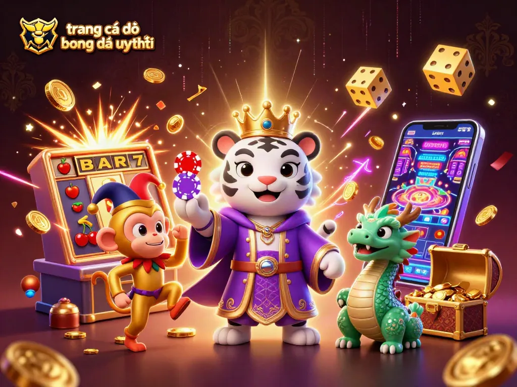 Hình ảnh thể hiện trang cá độ bóng đá uy tín với chú hổ trắng và khỉ vàng trong hỗn hợp các yếu tố trò chơi.