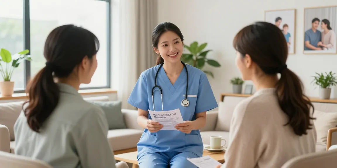 Caregiver explaining bonus new member benefits in a friendly home care office.