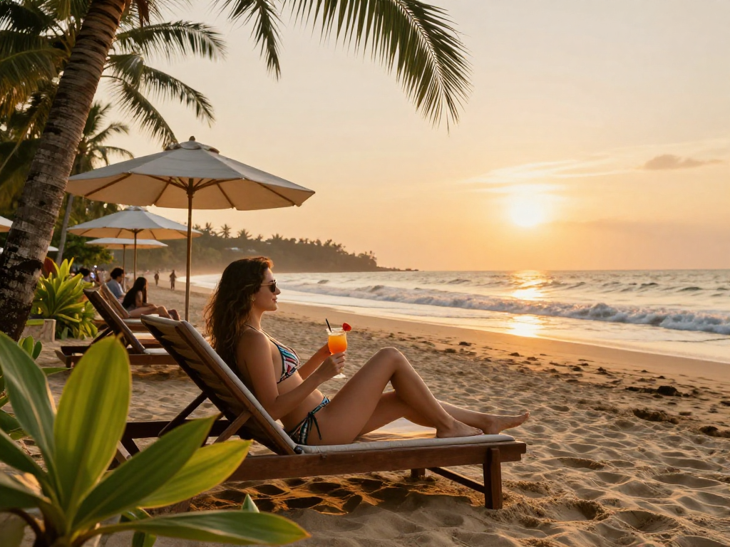 Enjoying an escort service in Goa by the beach with cocktails and relaxation.