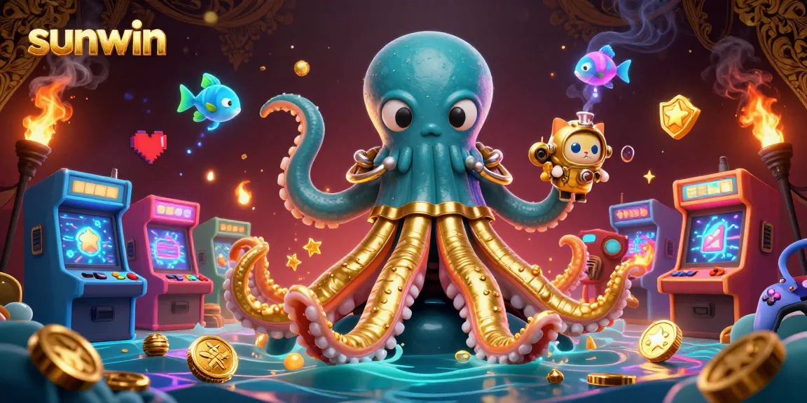 Join the sunwin adventure with a kraken and diving cat in a vibrant underwater casino.