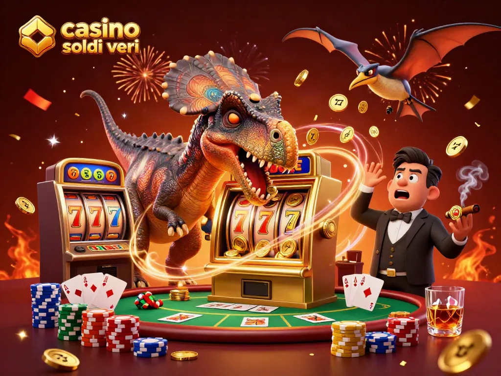 Giocando ai casinò online con soldi veri, un pachycephalosaurus fa jackpot mentre un manager in panico gestisce la situazione.
