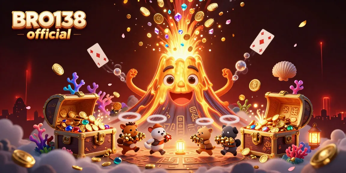 BRO138 official presents an exciting digital illustration of a golden volcano erupting with treasures, surrounded by dynamic casino elements.