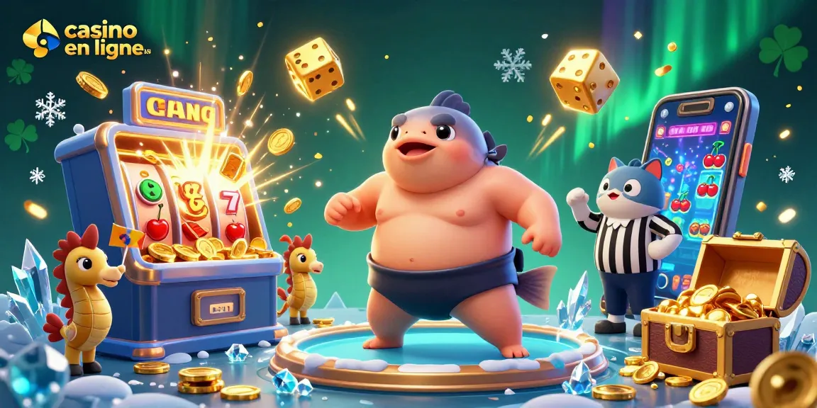 Casino en ligne avis, illustration féerique d'un fugu sumo vibrant entouré d'une machine à sous et de spectateurs aquatiques.
