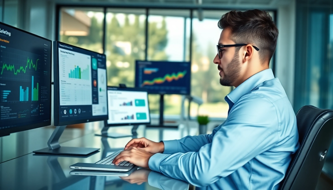 Creating an engaging hubspot marketing email at a modern workspace with analytics visuals.