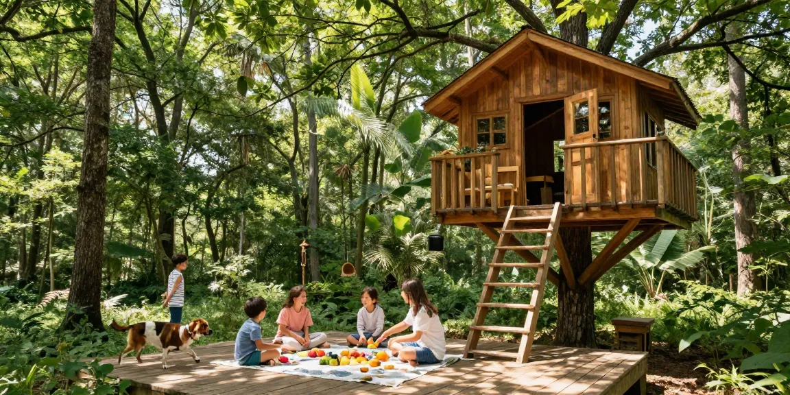 Family enjoying an outdoor picnic near treehouses in a lush forest.