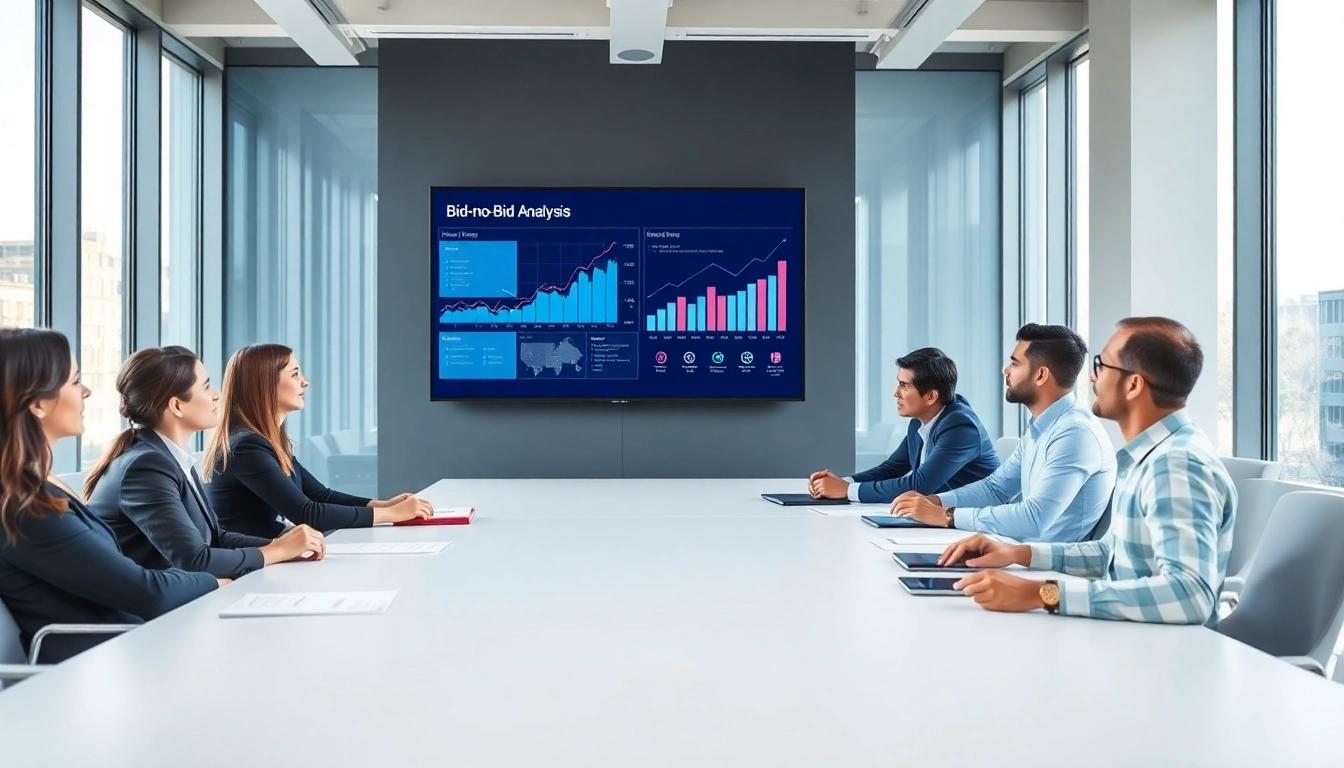 Team analyzing Bid-No-Bid Analysis during a strategy meeting with graphs and charts.