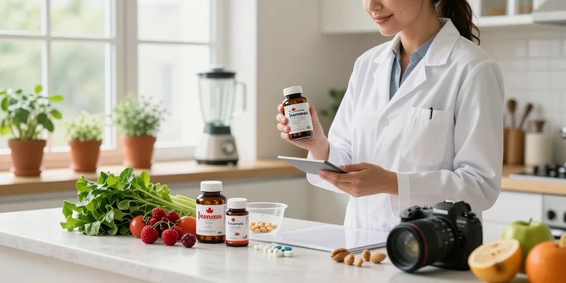 Nutritionist reviewing made in Canada supplements in a bright kitchen, surrounded by fresh ingredients.