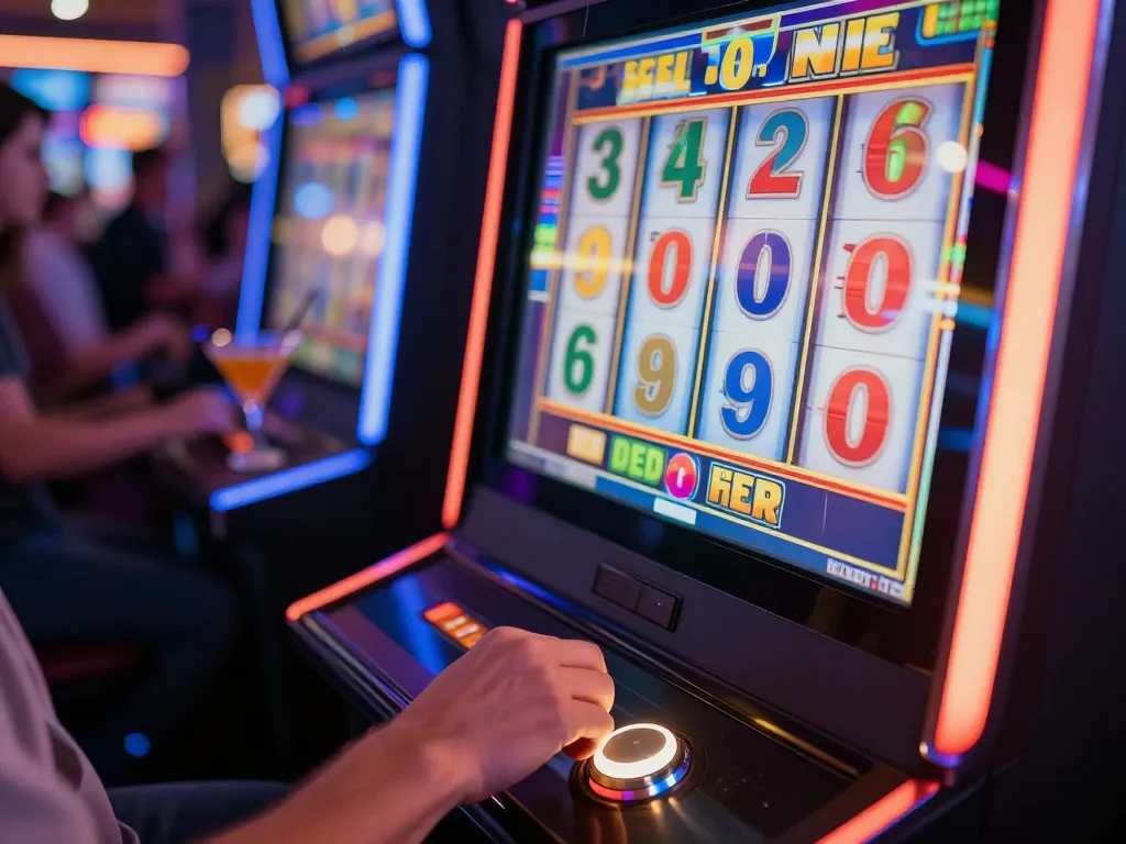 Engaged player spinning a slot machine to win a slot bonus in a vibrant casino atmosphere.