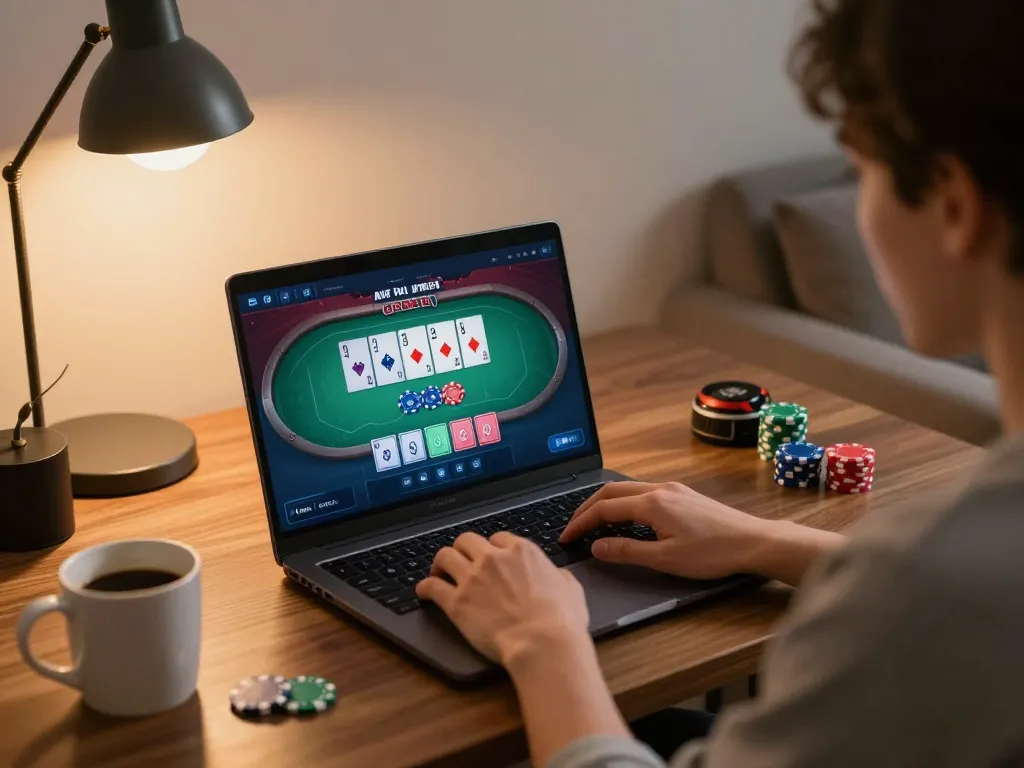Engage with link slot on a laptop, showcasing online poker gameplay in a cozy home setting.