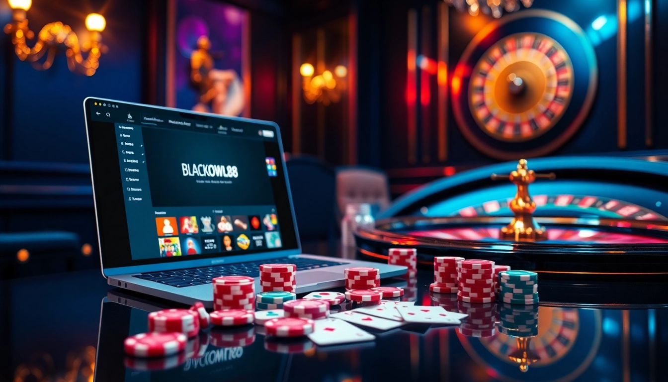 Engaging scene of BLACKOWL88 online casino with poker chips, cards, and a laptop.