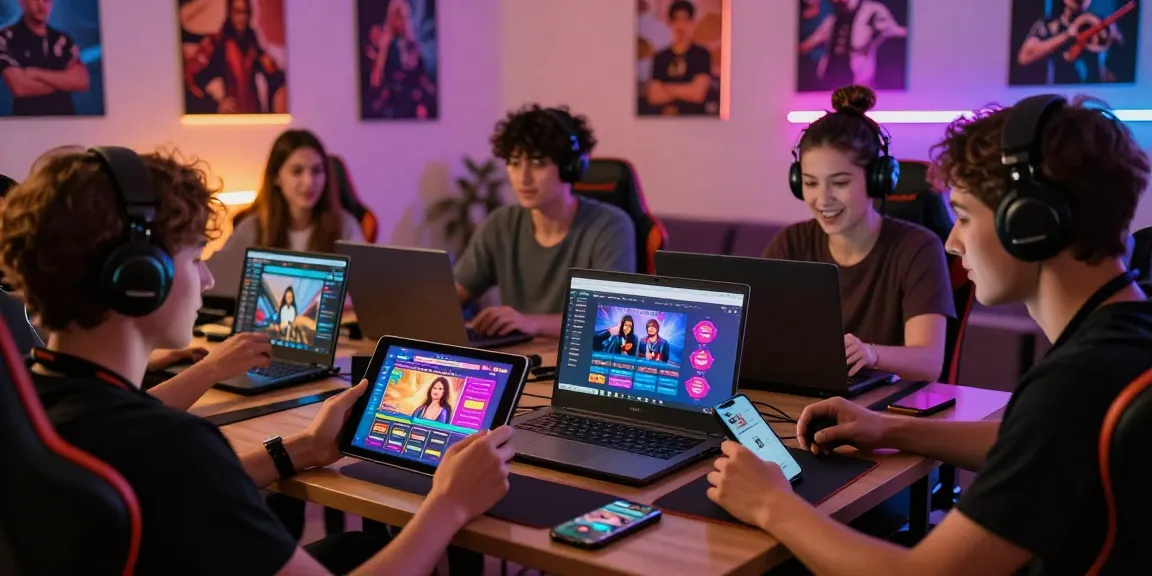Engaged players exploring html porn games on various devices in a vibrant gaming room.