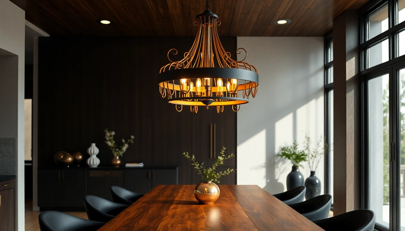 Stylish black and gold light fixture illuminating a modern dining room.