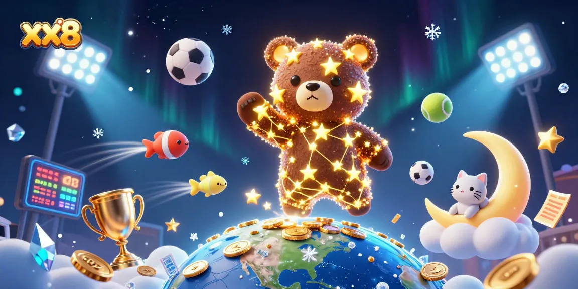 xx8 casino illustration with constellation bear, sports elements, and vibrant effects.