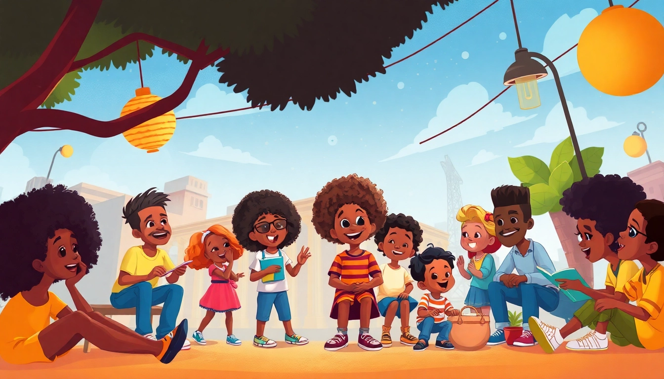 A collage of lively scenes from African American cartoons capturing diverse characters in joyful activities.