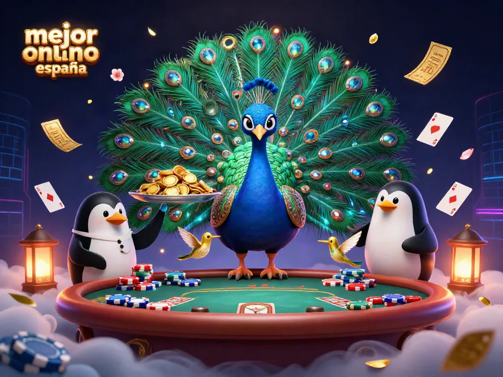Mejor casino online España con cartas de póker, fichas doradas y un pavo real aristocrático en un fondo vibrante.