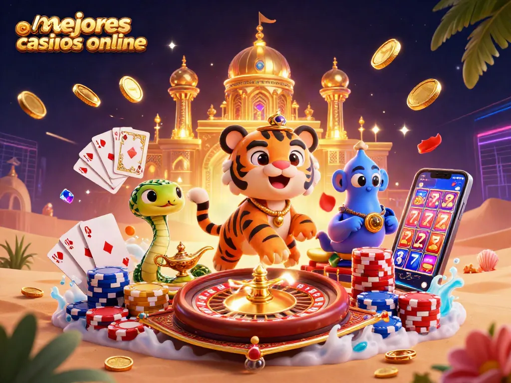 Ilustra los mejores casinos online con un sultán tigre y un genio, rodeados de monedas y cartas.