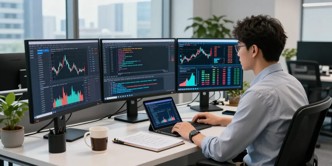 Real-time stock data analysis using Taiwan quant trading stock API in a professional office setting, showcasing advanced software development tools.