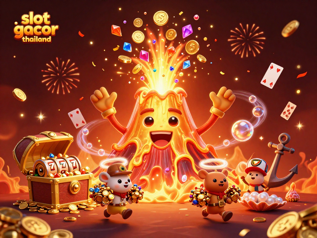Engage with slot gacor thailand through an exciting 3D volcano scene filled with treasure and gaming elements.