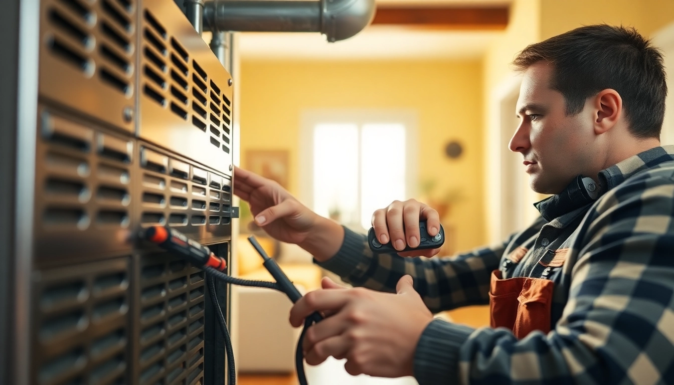 Expert performing furnace maintenance services while inspecting a heating system at home.