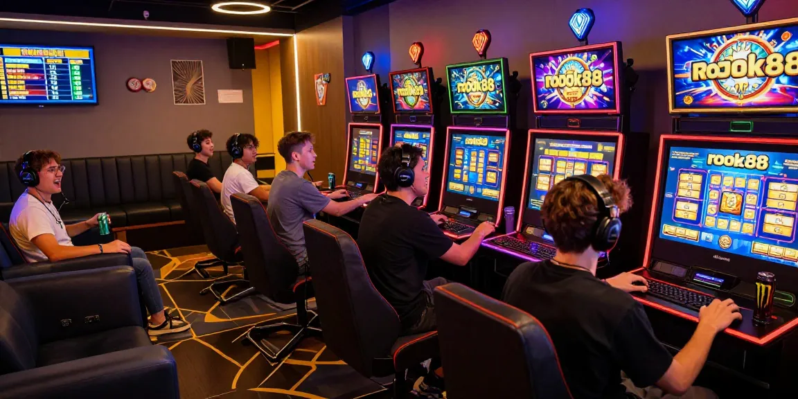 Players enjoying the rokok88 slot in a vibrant gaming lounge atmosphere, surrounded by colorful screens and neon lights.