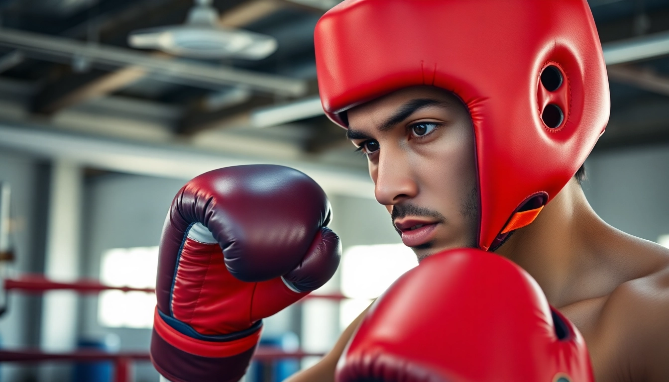Aktiver Boxer mit leuchtendem headgear boxing im Training, im Hintergrund eine Boxarena.