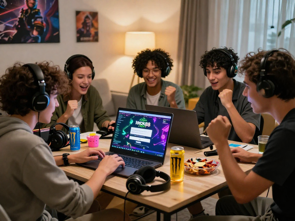 Friends enjoying a gaming session with rokok88 login excitement in a cozy atmosphere.