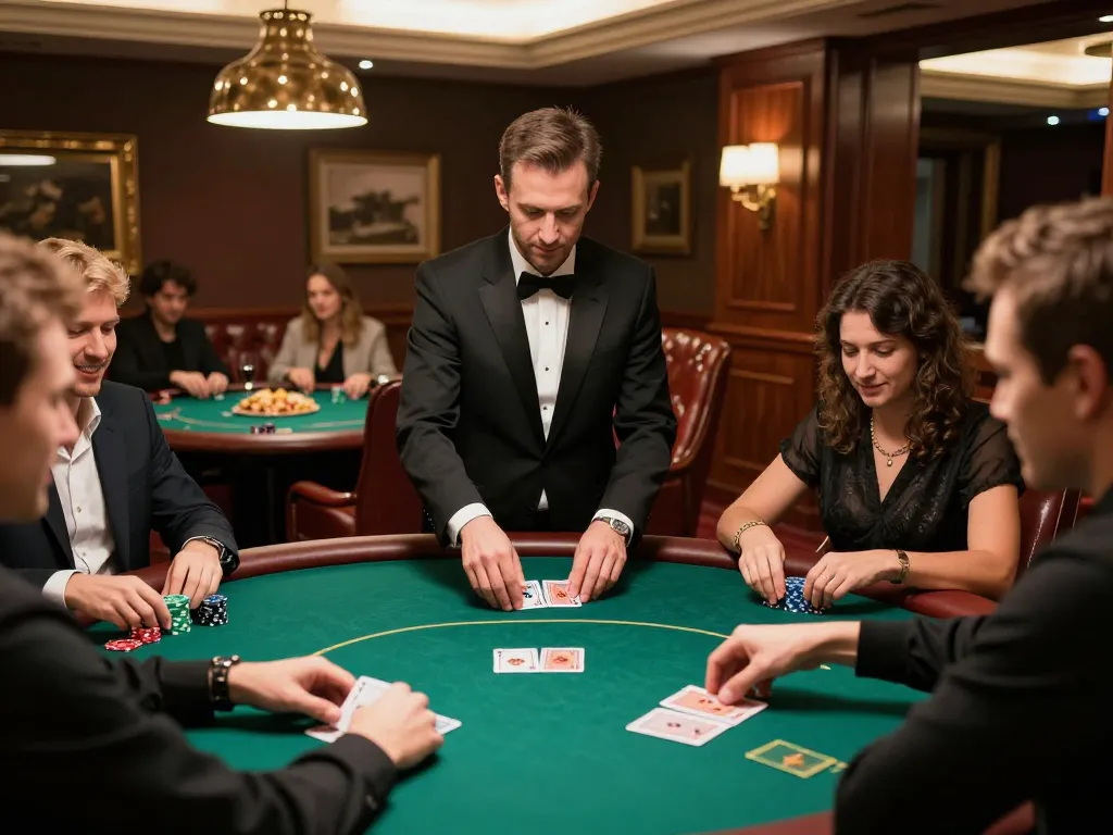 Pemain poker merancang strategi selama permainan kompetitif di setting dalam ruangan yang mewah.