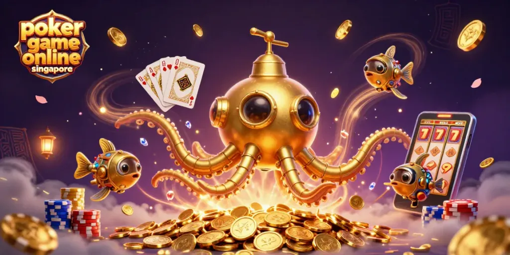 Play poker game online singapore with a vibrant scene of a golden kraken and poker elements.