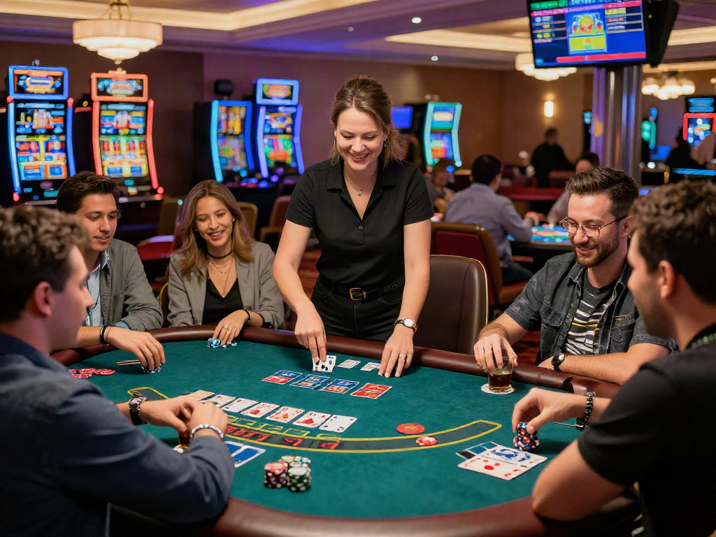 situs live casino players enjoying blackjack, vibrant atmosphere with friendly dealer